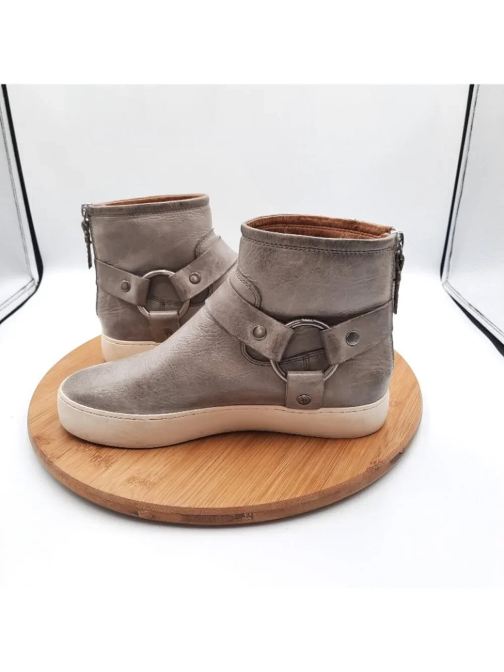 Frye Lena Harness Womens Size 6.5 Boots Gray Leather Back Zip Ankle Booties